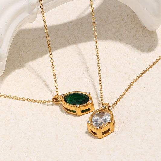 STUD 18K gold-plated stainless steel necklace with twisted edge oval clear zircon pendant