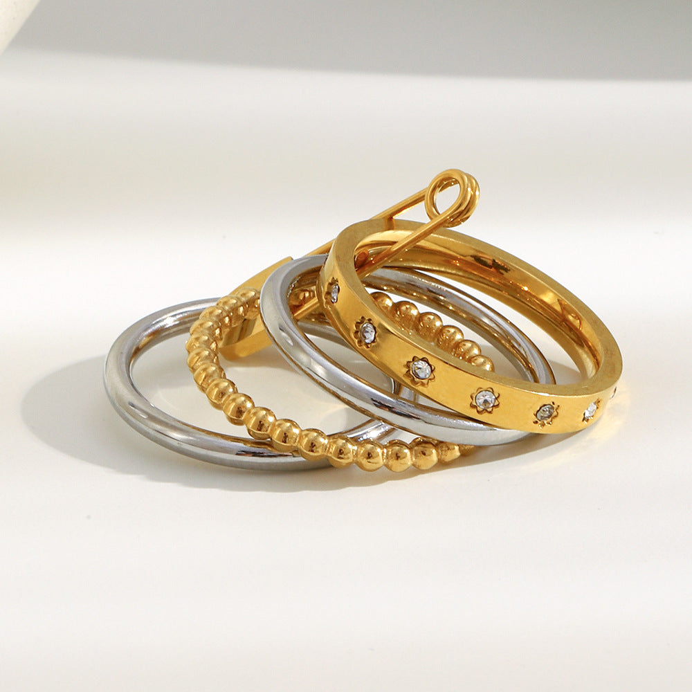 Bold Sparkle 4-Layer Safety Pin Stacked Ring in 18K Gold Finish