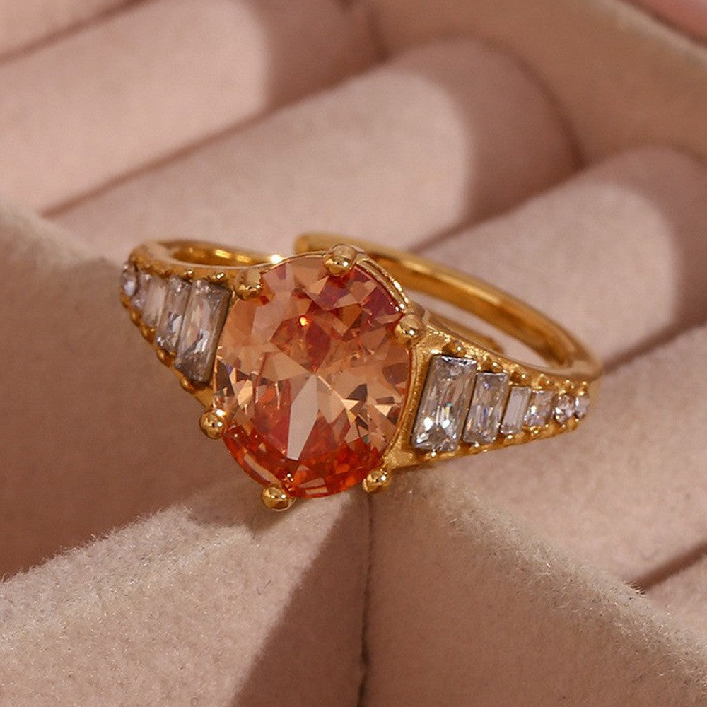 Luxe Adjustable Oval Pink Gemstone Ring | 18K Gold-Plated Statement