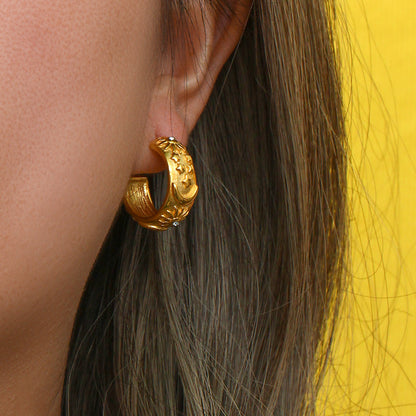 Model Wearing Celestial gold earrings – star, moon & sun motifs, 18K gold-plated, waterproof by STUD (Shop Till You Drop)