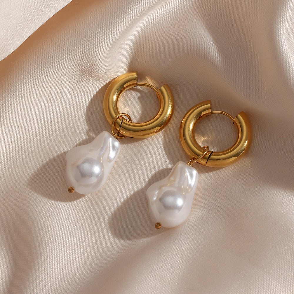 Elegant Baroque Pearl Hoop Earrings | 18K Gold-Plated Stainless Steel