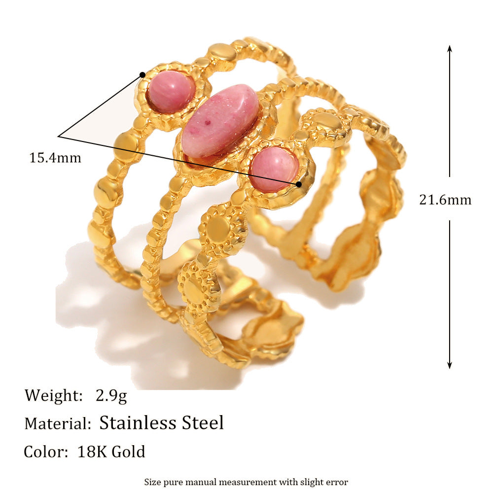 Vintage-inspired 18K gold plated double band ring with pink natural stones for women