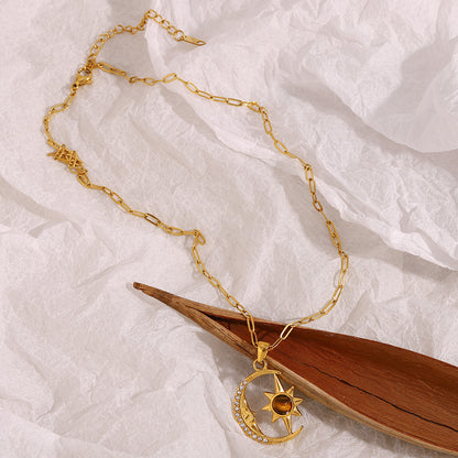 18K gold plated celestial necklace with moon, star, zircon and tiger eye gemstone – STUD