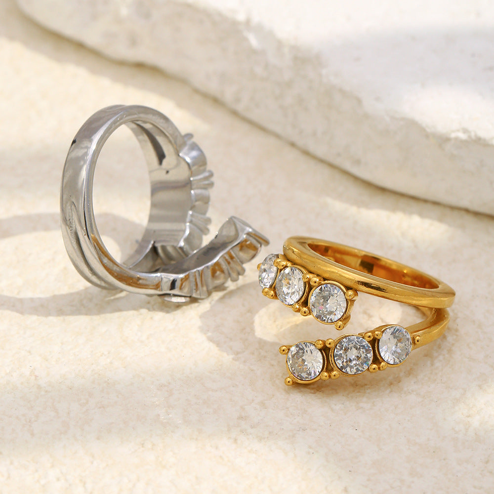 Silver stainless steel double-layer zircon open ring with round stones for women
