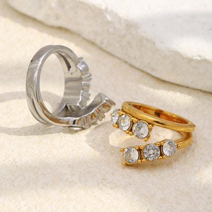 Silver stainless steel double-layer zircon open ring with round stones for women