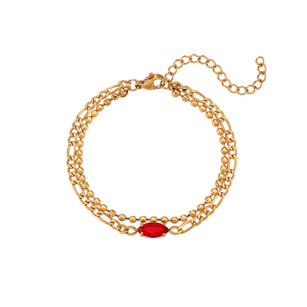 Simple Double-Layer Red Zircon Figaro Chain Beaded Bracelet