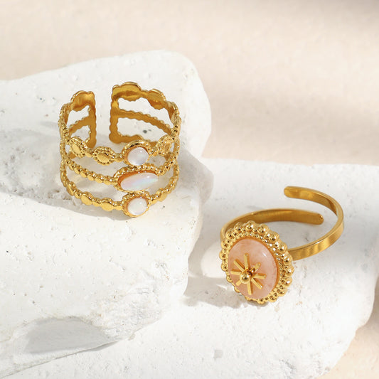 STUD 18K gold-plated stainless steel beaded ring with oval natural stone and pearl accents vintage design