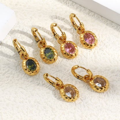 STUD 18K gold-plated stainless steel hammered oval hoop earrings with champagne zircon stone