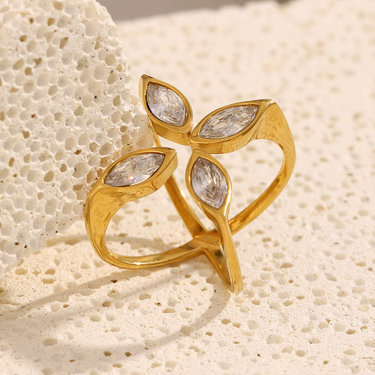 18K gold plated serpent crossover ring with marquise-cut zircon stones – STUD