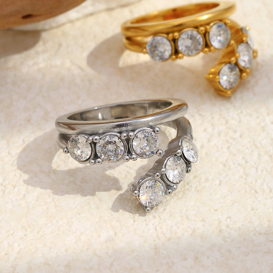 Silver and Gold stainless steel double-layer zircon open ring with round stones for women