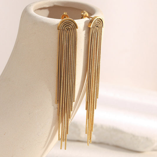 18K gold-plated stainless steel long tassel chain statement earrings