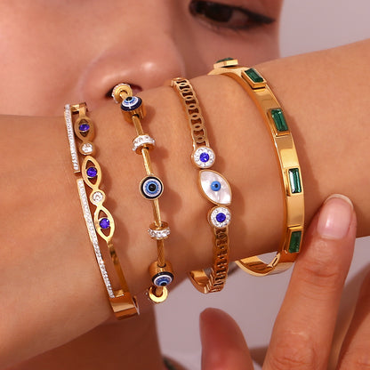Close-up of evil eye zircon bracelet