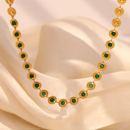 18K gold plated coin choker necklace with emerald green zircon stones – STUD