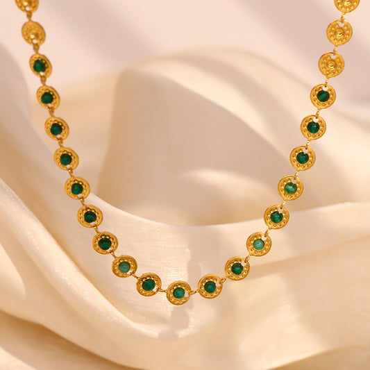 18K gold plated coin choker necklace with emerald green zircon stones – STUD