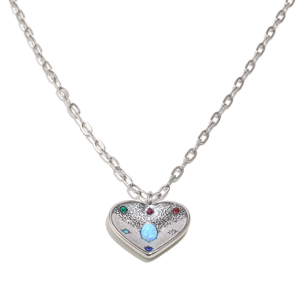 STUD silver stainless steel heart necklace with opal and multicolor zircon accents