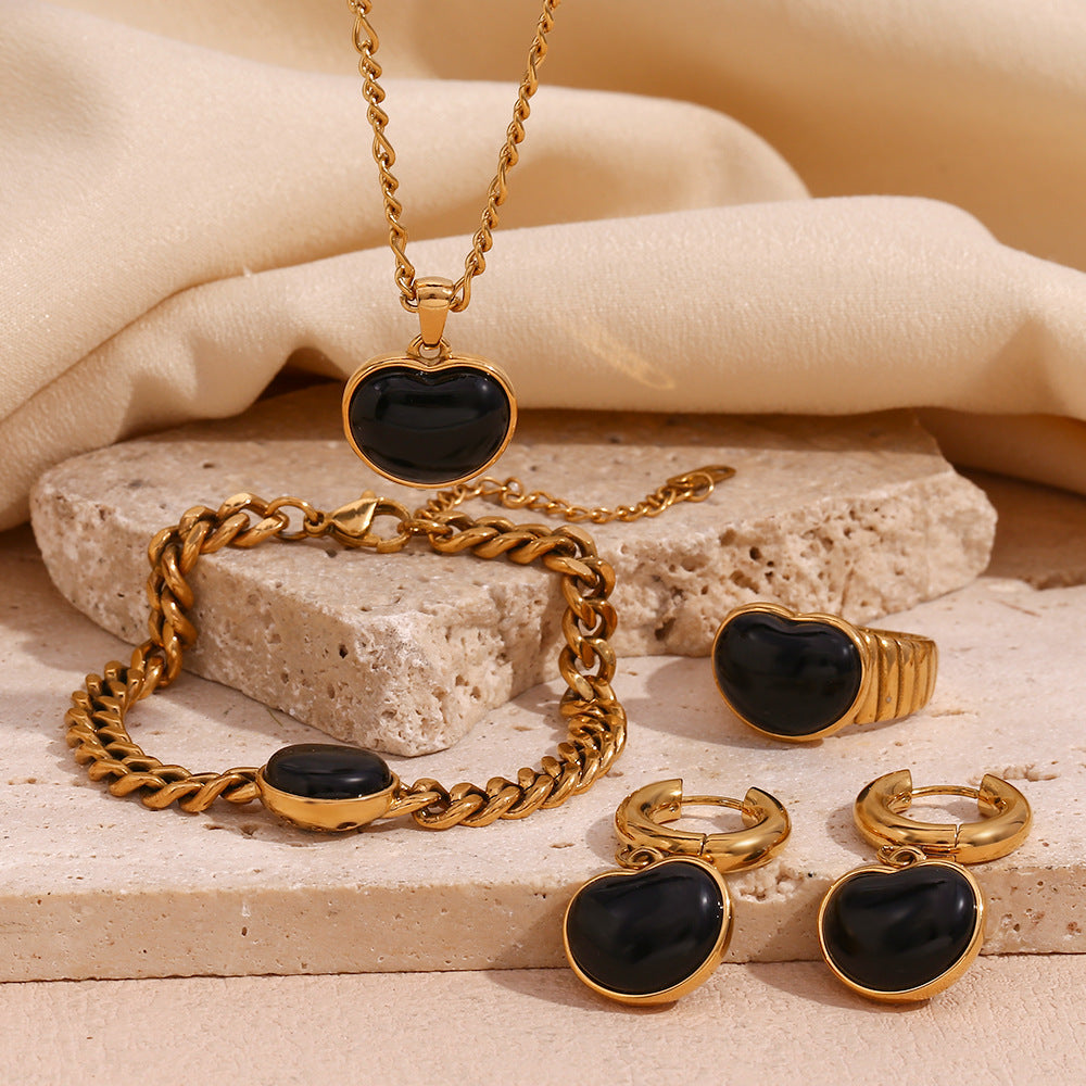 18K Gold Plated Black Onyx Heart Earrings