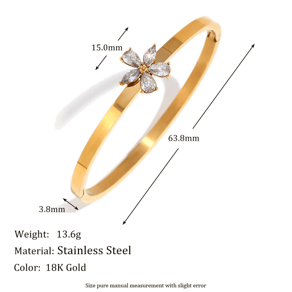 Elegant 18K Gold-Plated Flower Bangle with White Zircon for Women