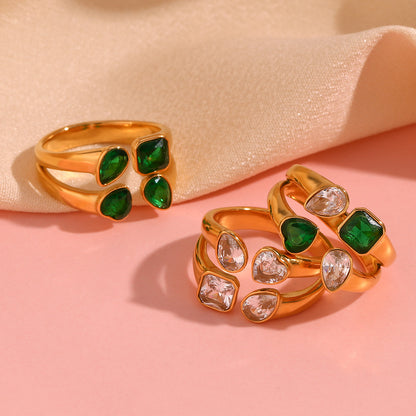 Elegant 18K Gold-Plated Double-Layer Heart & Teardrop Zircon Ring