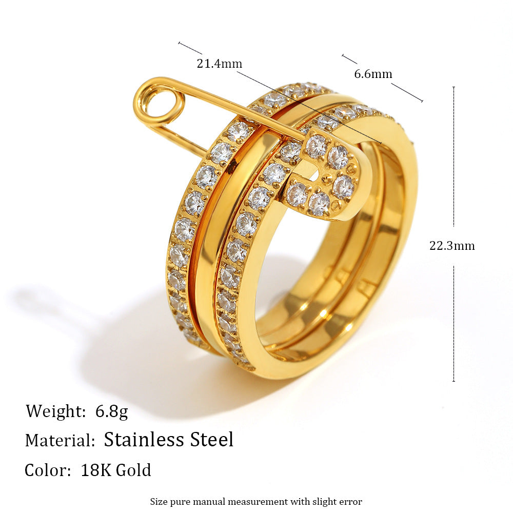 Bold Sparkle Safety Pin Ring with triple 18K gold plated bands and zircon pavé – STUD