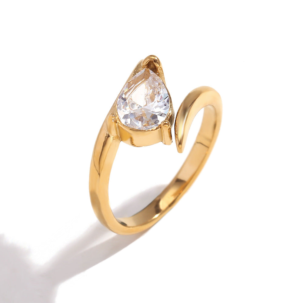 18K Gold-Plated Stainless Steel Oval-Shaped Zircon Ring