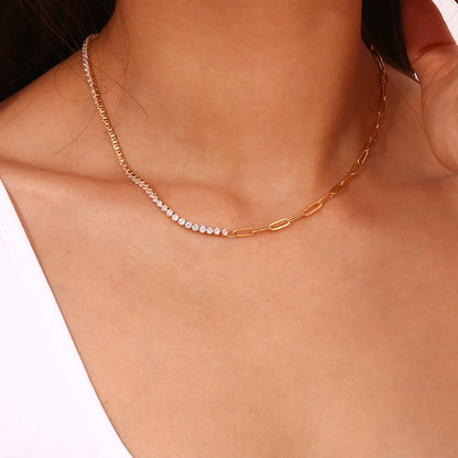 Model Wearing Gold paperclip chain necklace with zircon accents – 18K gold-plated, waterproof and hypoallergenic by STUD (Shop Till You Drop)