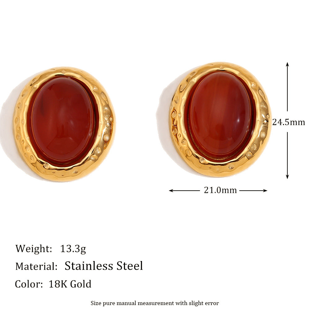 Vintage-Inspired 18K Gold-Plated Oval Earrings with Maroon Stone