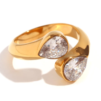 18K gold plated twin teardrop zircon open ring by STUD