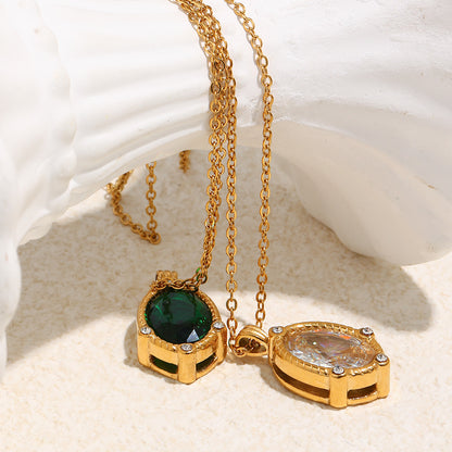 STUD 18K gold-plated stainless steel necklace with twisted edge oval clear zircon pendant