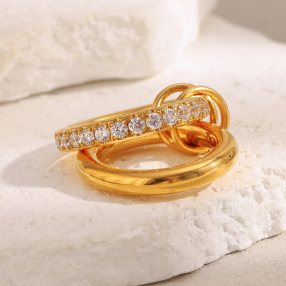 18K gold-plated stainless steel double layer ring with embedded zircon stones for women