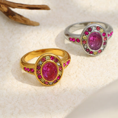 Silver stainless steel oval pink zircon ring with colorful crystal halo design