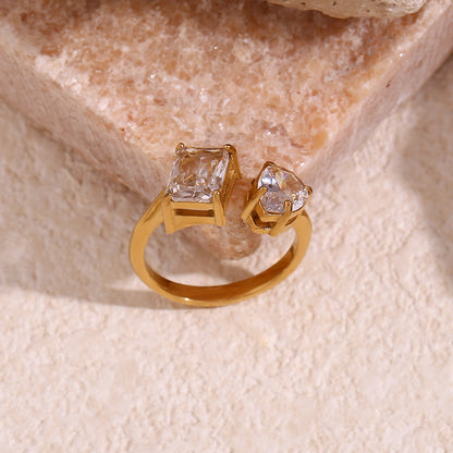 Geometric zircon open ring – 18K gold-plated stainless steel with teardrop and square stones – adjustable modern jewelry by STUD (Shop Till You Drop)