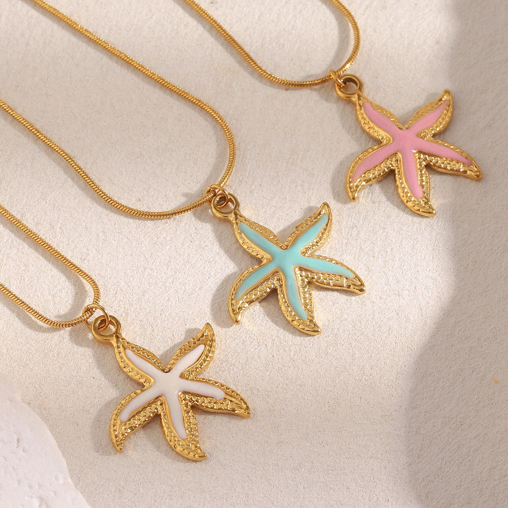 White enamel gold starfish pendant necklace with 18K gold chain
