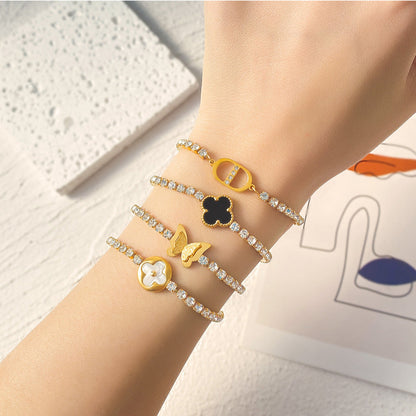 18K Gold Plated Butterfly and Clover Bracelet – Dainty Zircon Titanium Steel – STUD