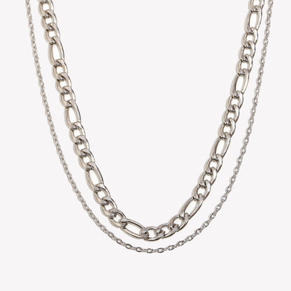 Silver stainless steel double layer chain necklace with chunky and delicate links.