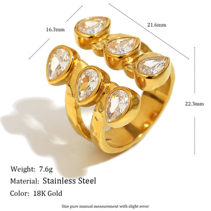 Bold 18K gold-plated open ring with double teardrop zircon stones on hammered stainless steel band – French statement design