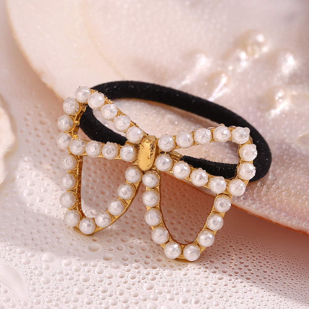 Butterfly-Shaped With Pearl 18K Gold Hair Tie