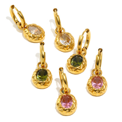 STUD 18K gold-plated stainless steel hammered oval hoop earrings with pink zircon stone