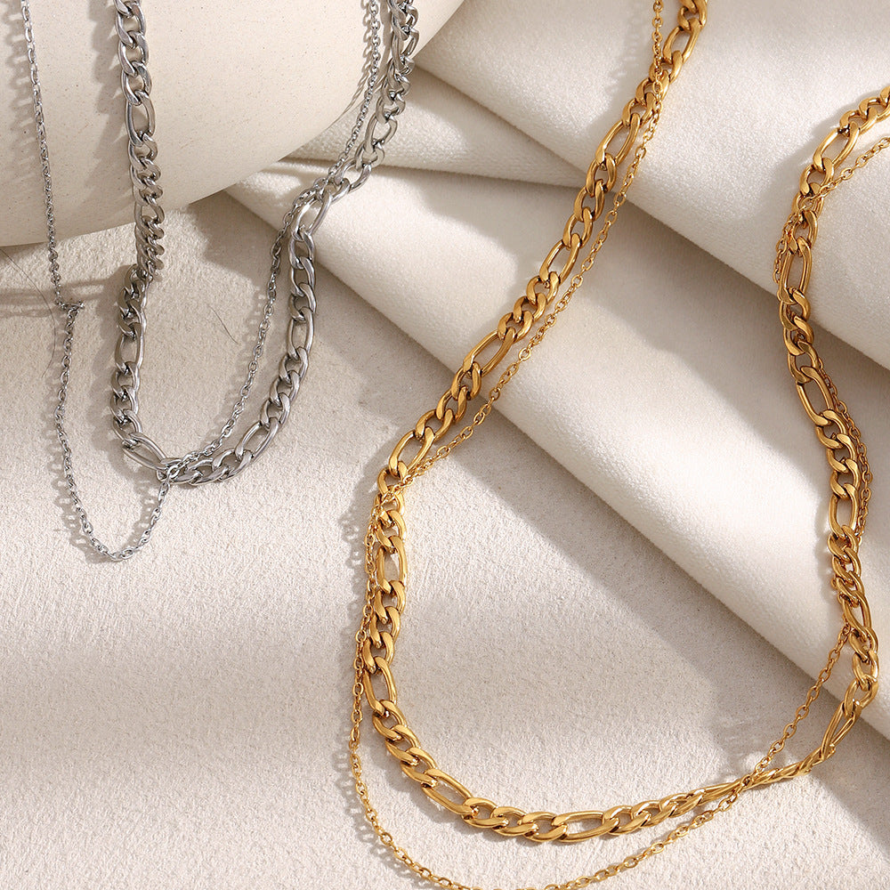 Silver stainless steel double layer chain necklace with chunky and delicate links.