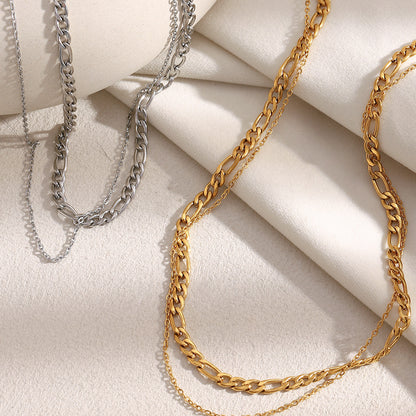18K gold plated double layer necklace with thick and fine chains