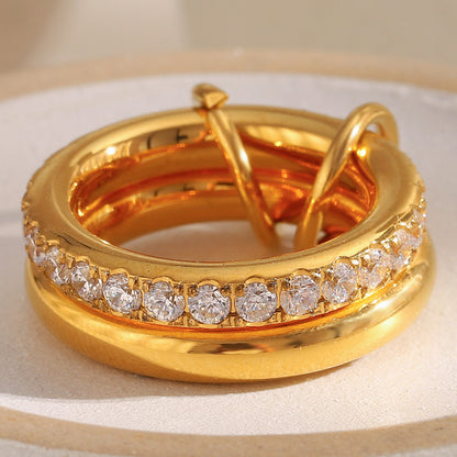 18K gold-plated stainless steel double layer ring with embedded zircon stones for women