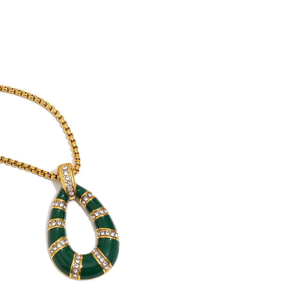 18K gold-plated stainless steel emerald green enamel teardrop pendant necklace for women