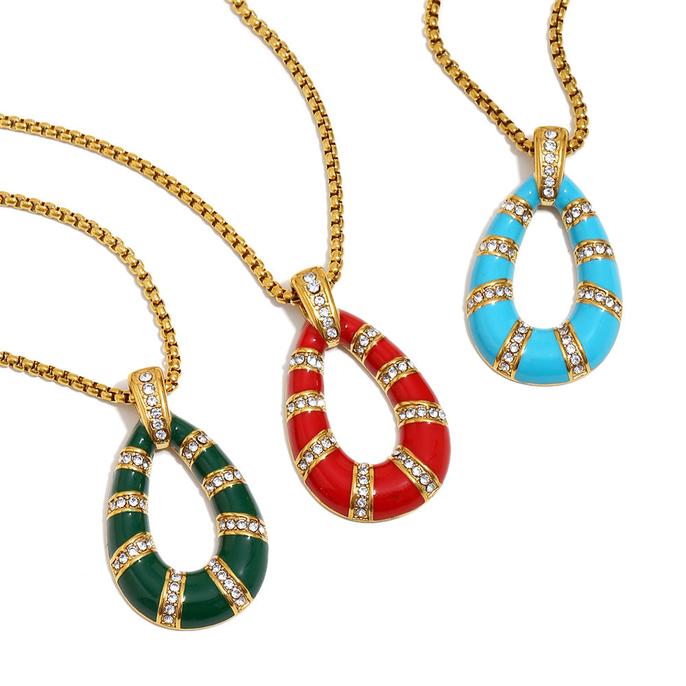 18K gold-plated stainless steel red enamel teardrop pendant necklace for women