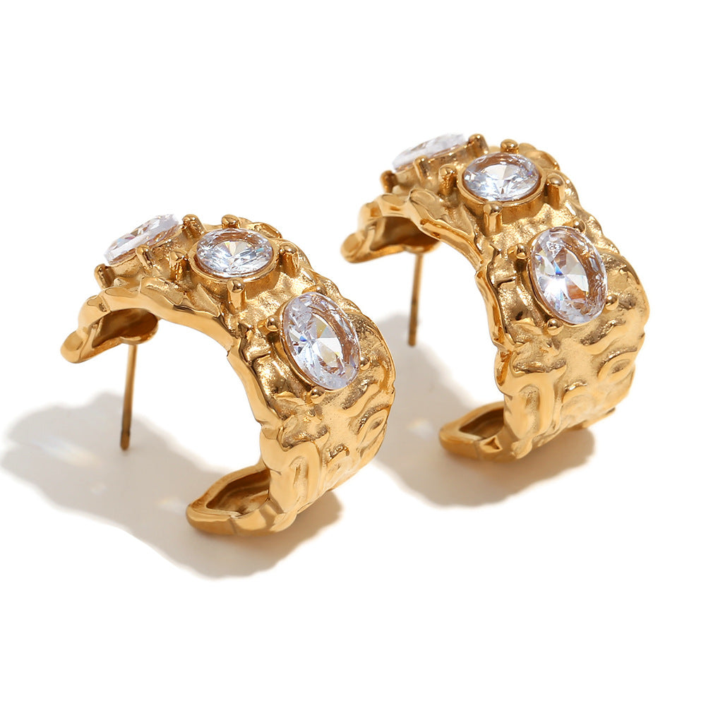 STUD 18K gold-plated sculpted earrings with clear zircon stones