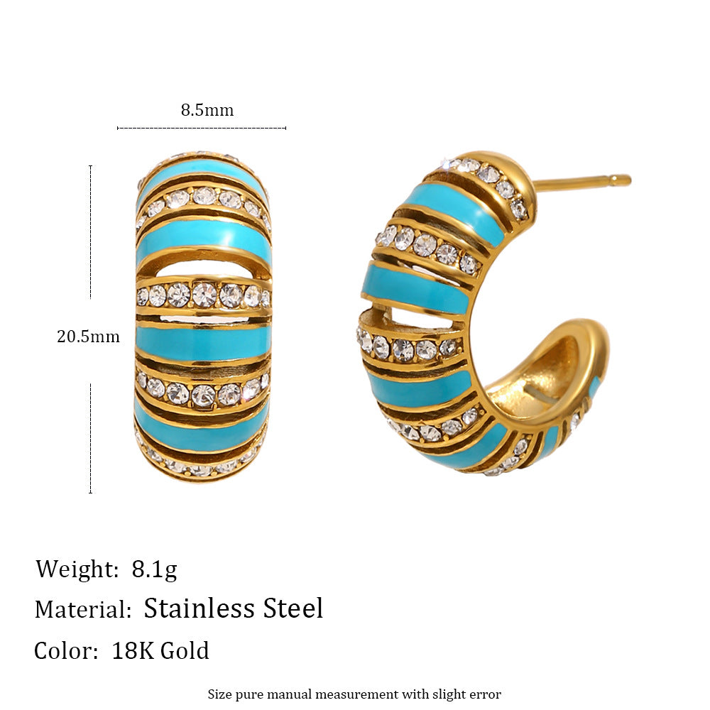 18K gold-plated stainless steel turquoise enamel C-shaped hoop earrings with zircon stones