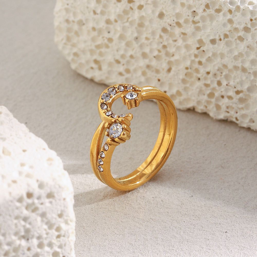 18K gold plated crescent moon double ring with embedded crystals