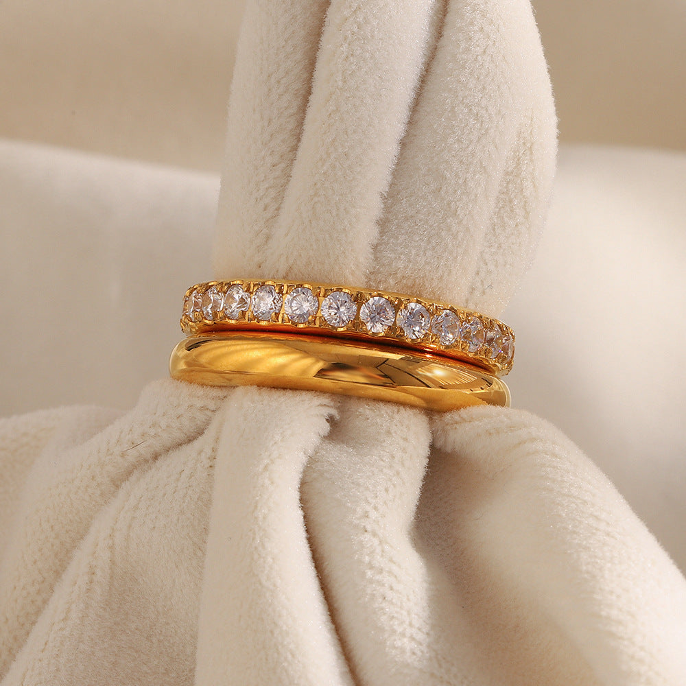 18K gold-plated stainless steel double layer ring with embedded zircon stones for women