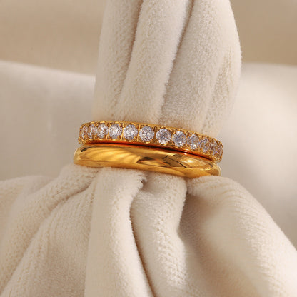 18K gold-plated stainless steel double layer ring with embedded zircon stones for women