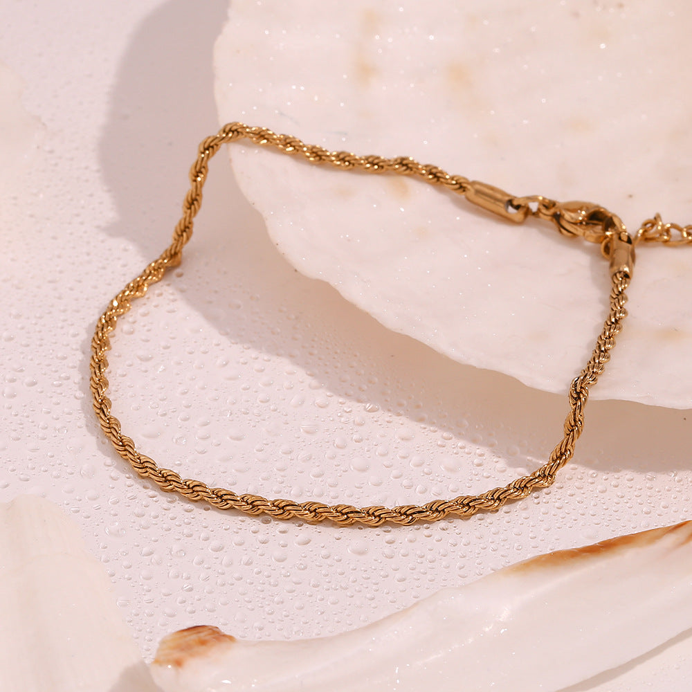 18K gold polished double layer anklet with twisted rope chain and bead accents for women