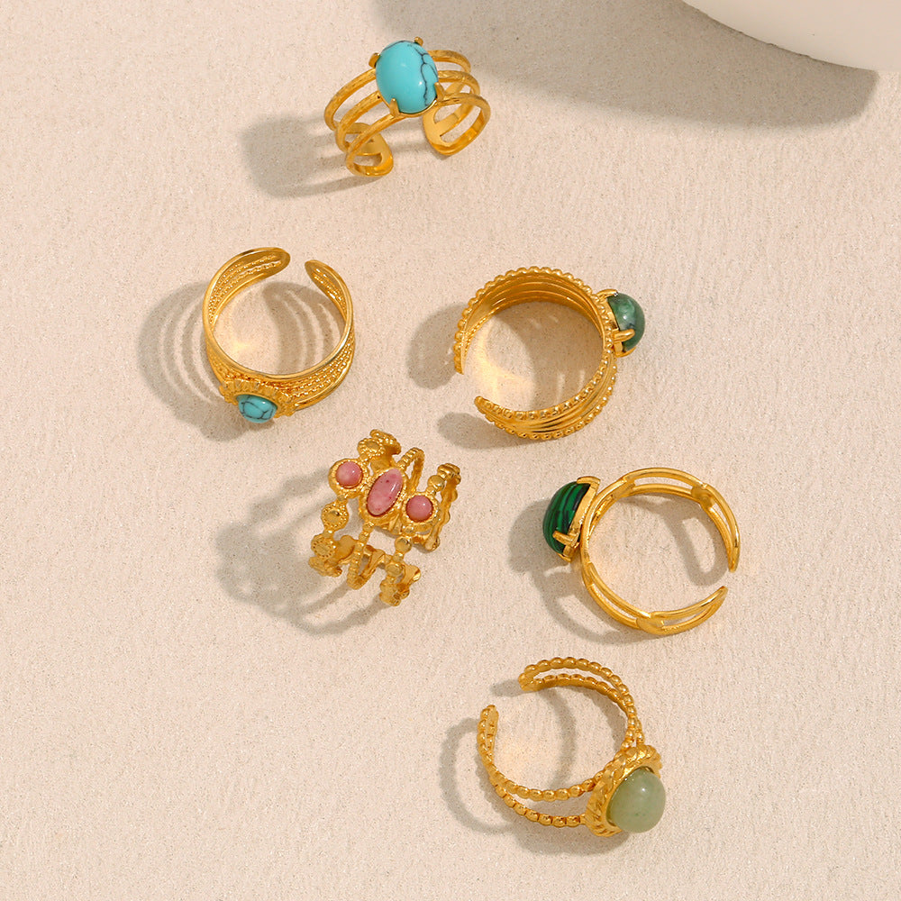 Vintage-inspired 18K gold plated double band ring with pink natural stones for women