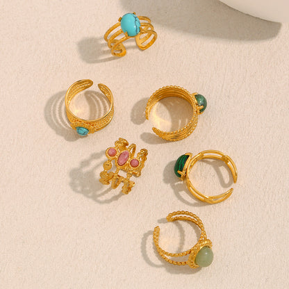 Vintage-inspired 18K gold plated double band ring with pink natural stones for women